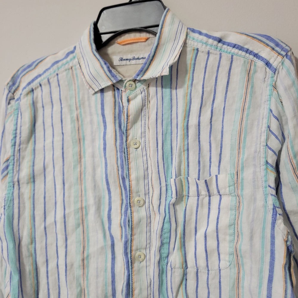 Tommy Bahama Linen Button Down Shirt Mens S White Blue Stripe Long Sleeve Resort